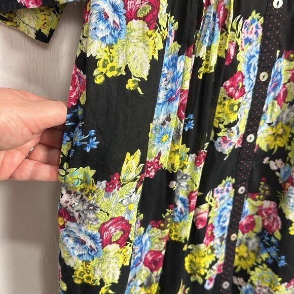 The J. Peterman Co Floral Pleated Boho Shirt Dress In Black Size M - Picture 4 of 10
